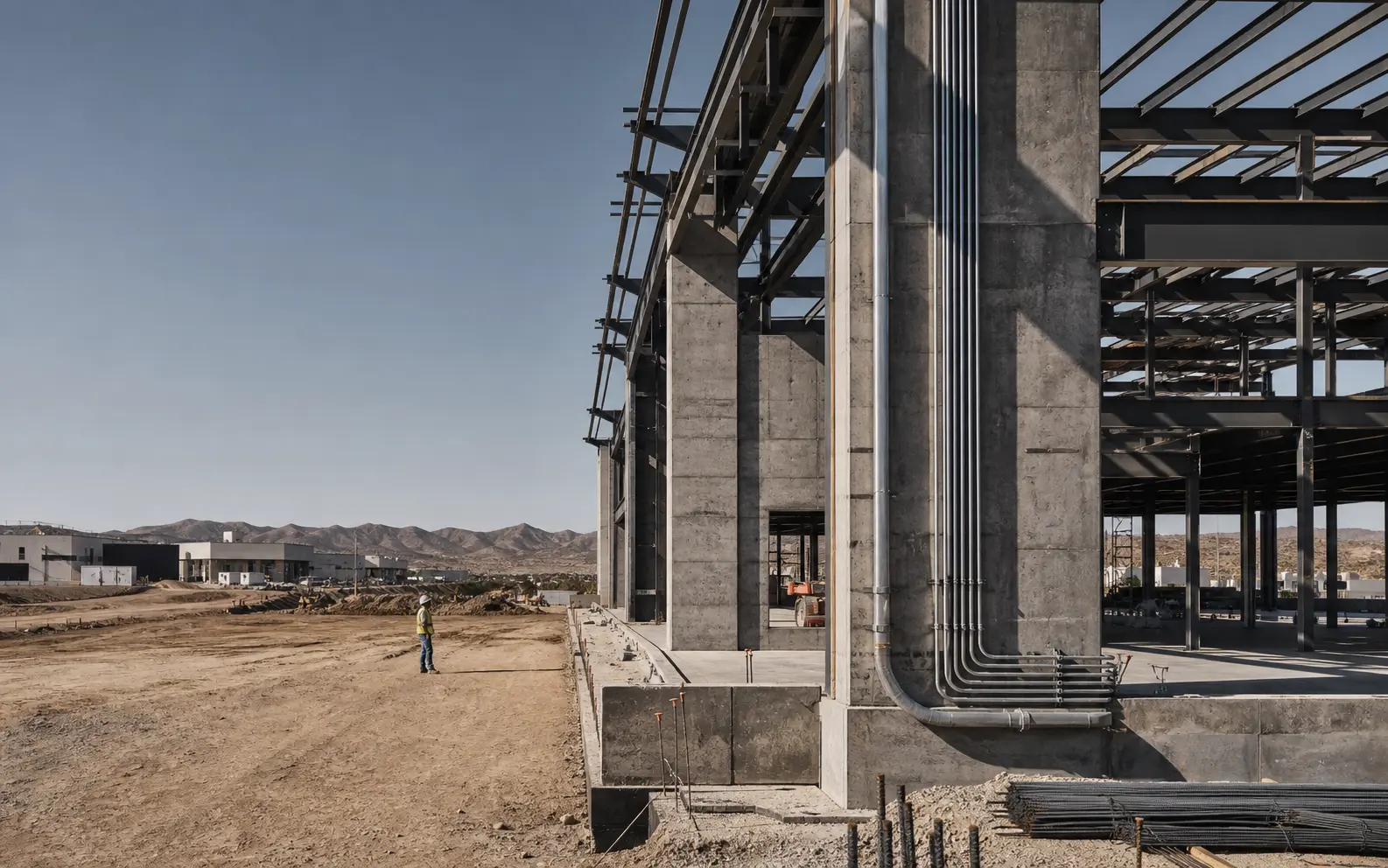 Estructura industrial de concreto y acero en construcción